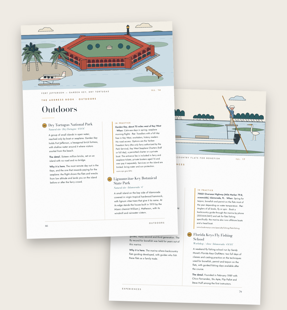 Two chapter openings of the guide, Outdoors and Experiences, with their illustrations