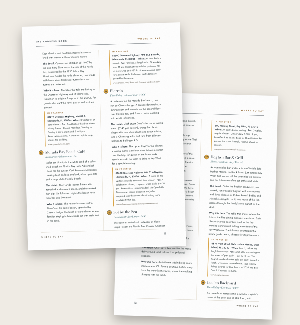 Two plates of the Where to Eat chapter, each address with its reason and its practical block