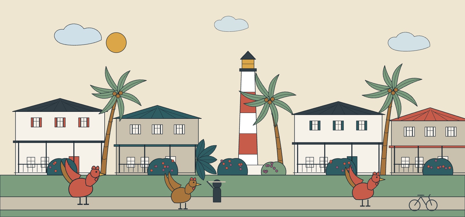 Conch houses and the lighthouse in Key West with porches and bougainvillea